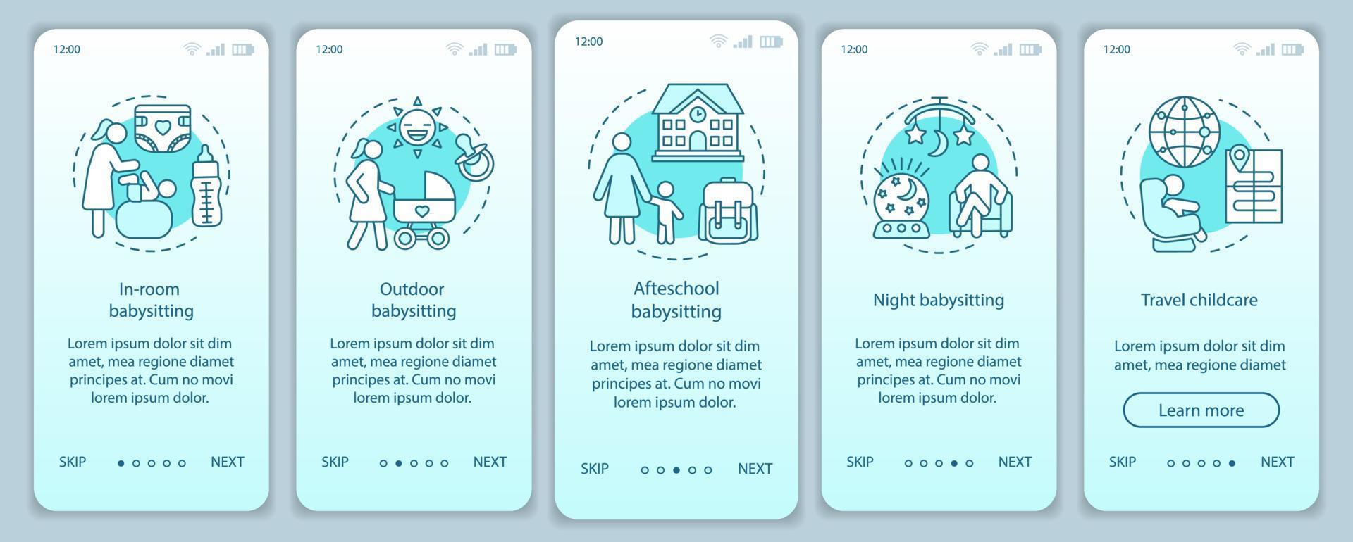 Hotel babysitting service onboarding mobile app screen vector template. Choose nanny. In-room, night, travel, outdoor babysitter. Walkthrough website steps. UX, UI, GUI smartphone interface concept