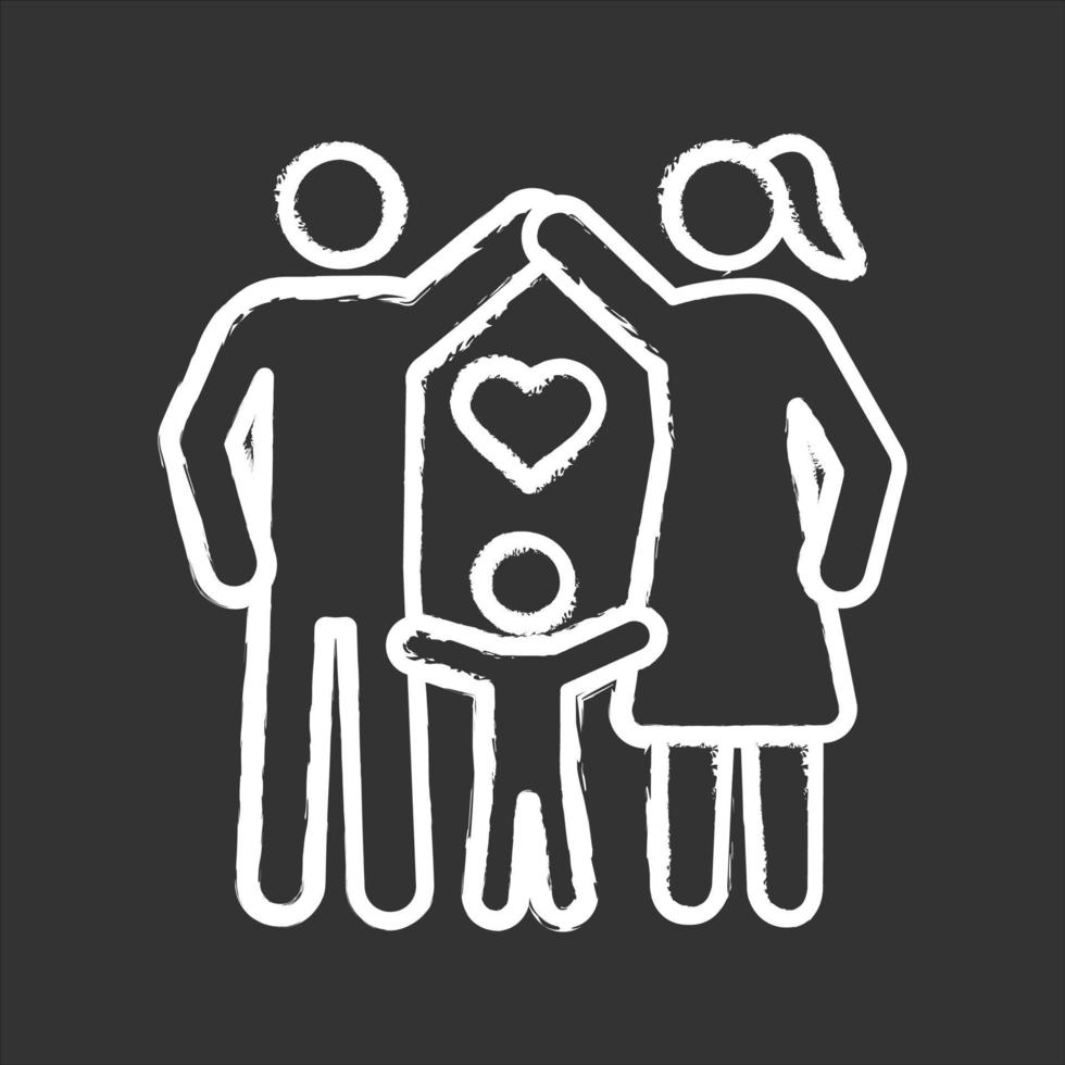 Child protection chalk icon. Family. Positive parenting. Childcare. Happy parenthood. Father, mother and toddler. Isolated vector chalkboard illustration