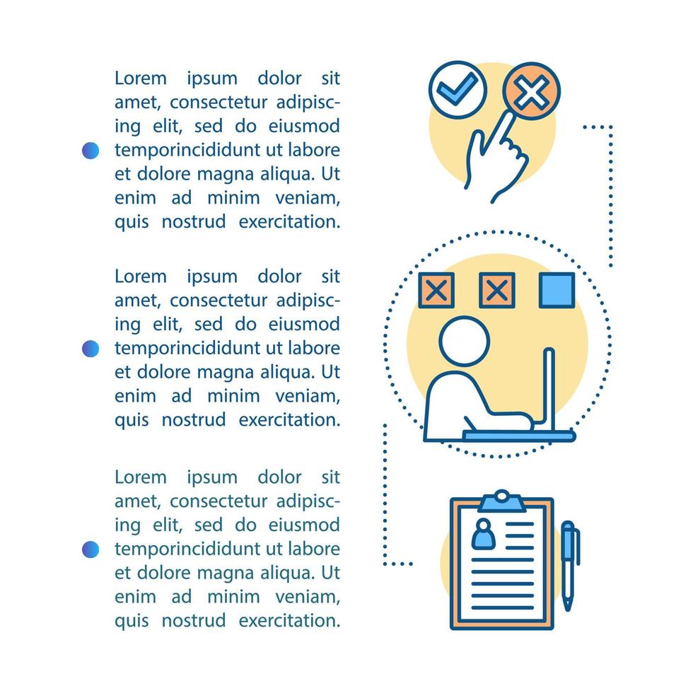 Emotions control article page vector template. Tests, choice, resume, remote work search, making mistakes, feeling. Brochure design element with linear icons, text. Concept illustrations, text space