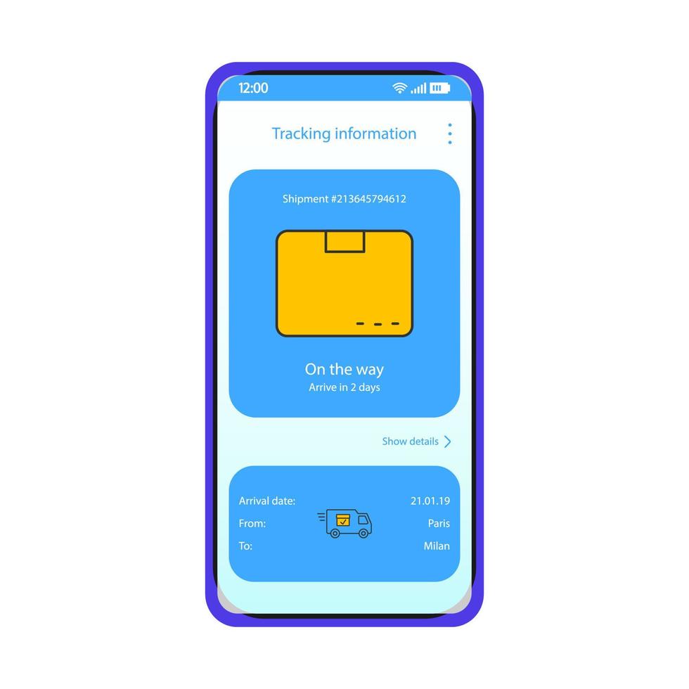 Parcel tracking app smartphone interface vector template. Mobile shipment application page blue design layout. Post tracker screen. Flat UI. Online logistics, package shipping info on phone display..