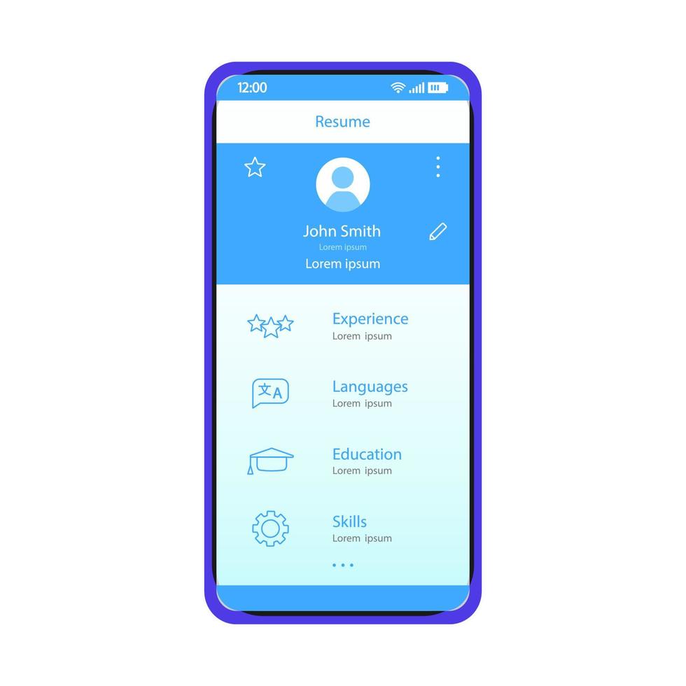 Resume smartphone app interface vector template. Mobile job search application interface blue design layout. CV builder screen. Flat UI. Phone display with personal information