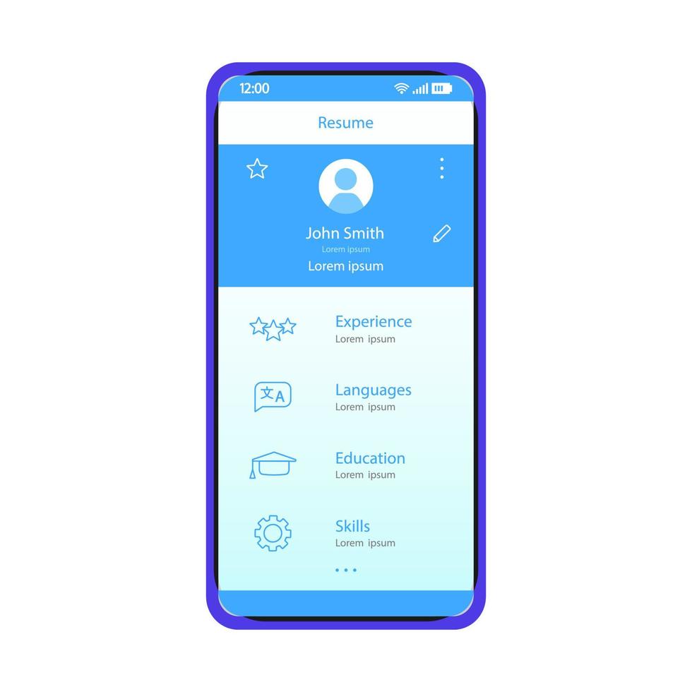 reanudar la plantilla de vector de interfaz de aplicación de teléfono inteligente. diseño de diseño azul de la interfaz de la aplicación de búsqueda de empleo móvil. pantalla del generador de cv. interfaz de usuario plana pantalla del teléfono con información personal