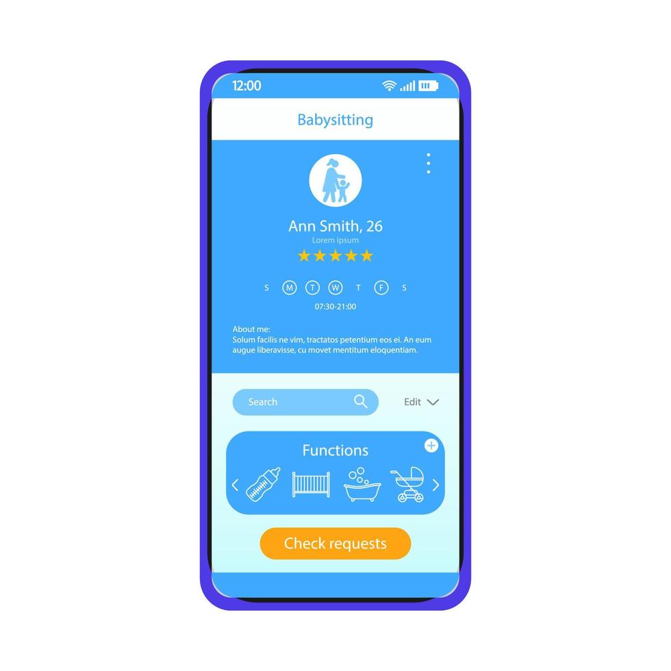Babysitting application smartphone interface vector template. Mobile app page blue design layout. Babysitter online profile screen. Flat UI. Childcare services. Nanny booking, rating on phone display