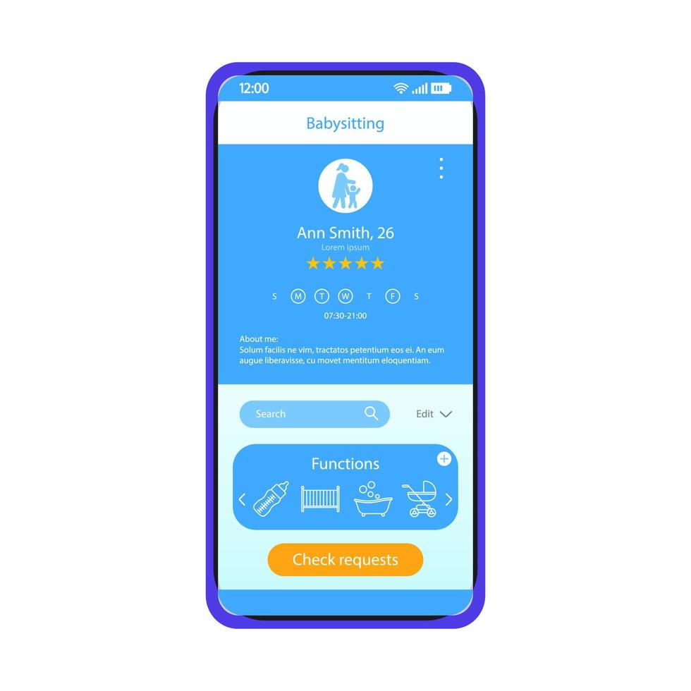 plantilla de vector de interfaz de teléfono inteligente de aplicación de cuidado de niños. diseño de diseño azul de la página de la aplicación móvil. pantalla de perfil en línea de niñera. interfaz de usuario plana servicios de cuidado de niños. reserva de niñera, calificación en la pantalla del teléfono