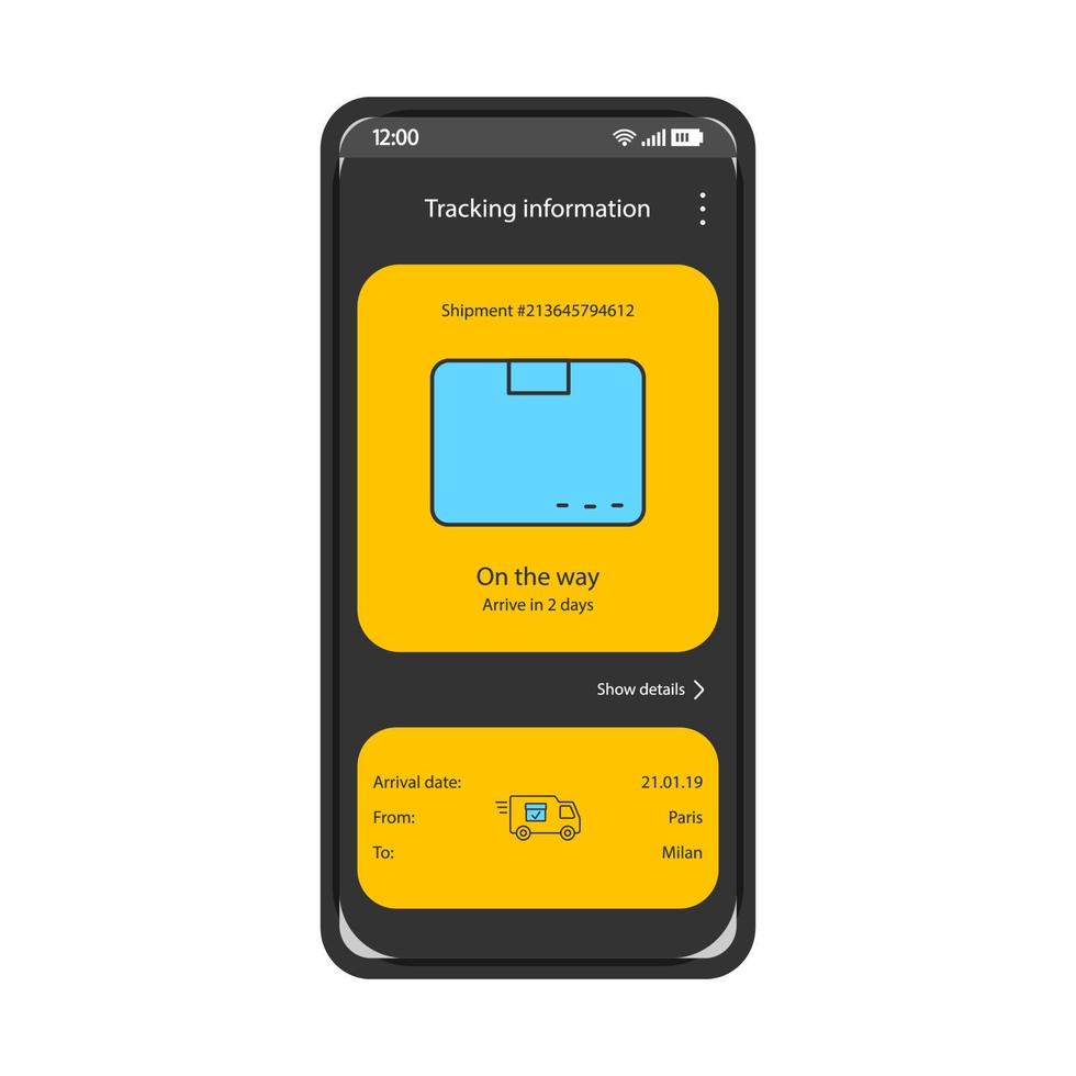 Parcel tracking information smartphone interface vector template. Package shipment app phone display. Mobile post tracker page black design layout. Online logistics screen. Flat UI for application..