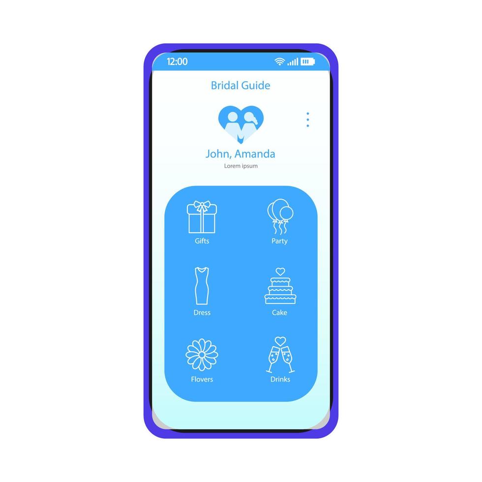 Wedding planner smartphone app interface vector template. Mobile application interface blue design layout. Marriage celebration site screen. Bridal guide. Flat UI. Phone display