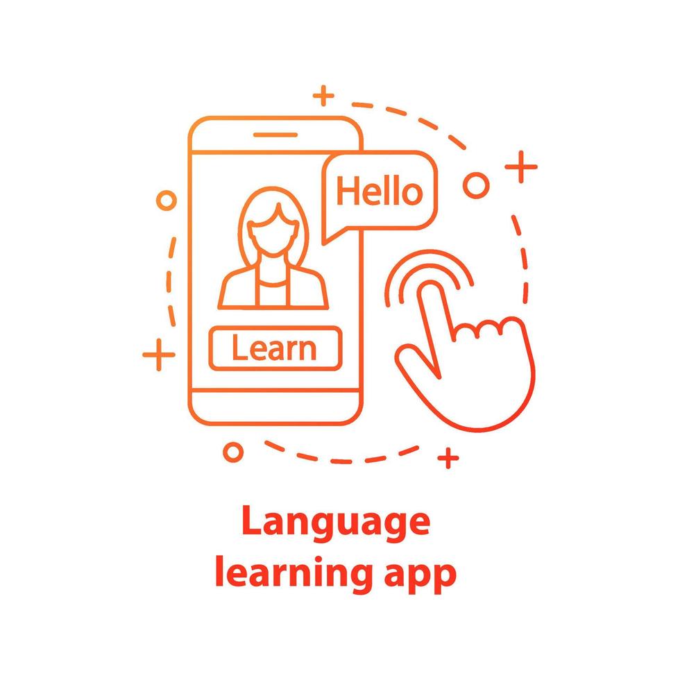 Language learning app concept icon. Online courses idea thin line illustration. E-learning. Spell check. Speaking practice with smartphone app. Vector isolated outline drawing