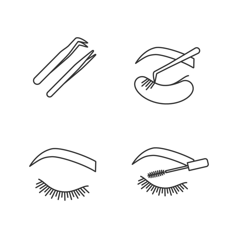 conjunto de iconos lineales de extensión de pestañas. símbolos de contorno de línea delgada. pinzas puntiagudas rectas y curvas, ojo de mujer cerrado, rímel. ilustraciones aisladas de contorno vectorial. trazo editable vector