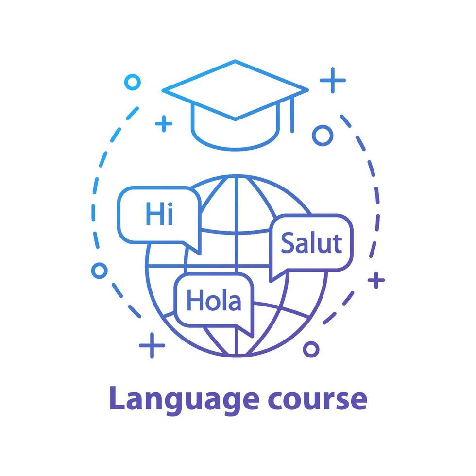 Language courses concept icon. Elementary language proficiency. Speaking club. Basic communication skills. Speech bubbles with hello. Idea thin line illustration. Vector isolated outline drawing