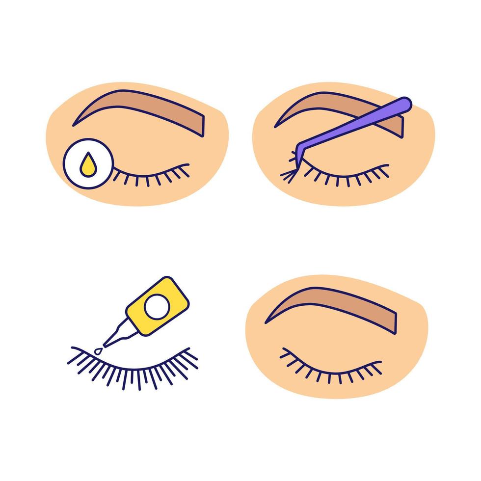 Eyelash extension color icons set. False lashes glue, primer for eyelash extension, cluster, closed woman's eye. Isolated vector illustrations