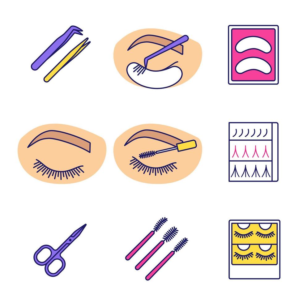 conjunto de iconos de color de extensión de pestañas. pinzas, almohadillas de sombra de ojos desechables, ojo de mujer cerrado, varitas de rímel, tijeras, empaque de extensión de pestañas. ilustraciones de vectores aislados