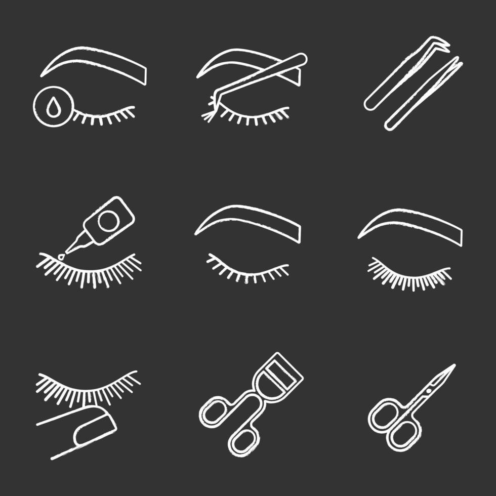 Eyelash extension chalk icons set. Makeup tools. Primer, cluster, tweezers, glue, lash curler, scissors, stop touching, before and after eyelash extension. Isolated vector chalkboard illustrations