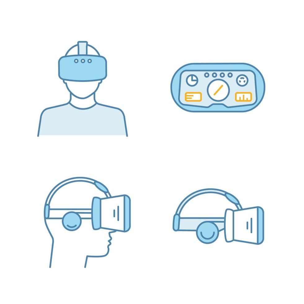 Virtual reality color icons set. VR players, headset HUD, glasses with built in headphones. Isolated vector illustrations