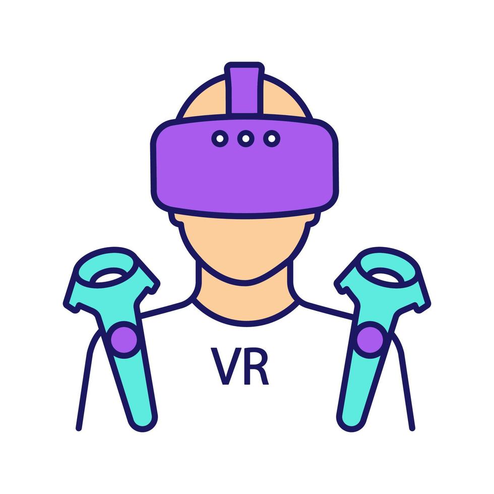 VR player color icon. Virtual reality player. Man with VR mask, glasses, headset and wireless controllers. Isolated vector illustration