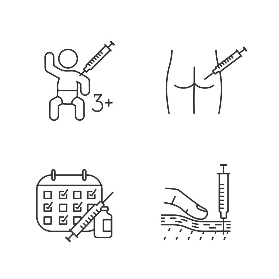 Vaccination and immunization linear icons set. Thin line contour symbols. Intramuscular, subcutaneous, kid's arm injection, vaccination calendar. Isolated vector outline illustrations. Editable stroke