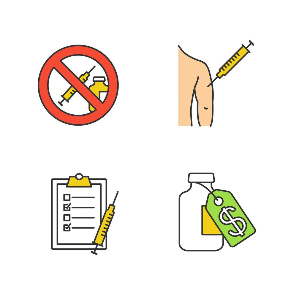 Conjunto de iconos de colores de vacunación e inmunización. prohibición de drogas, inyección en el brazo del hombre, lista de vacunación, precio de la vacuna. bcg, hepatitis, inmunización contra la difteria. ilustraciones vectoriales aisladas vector