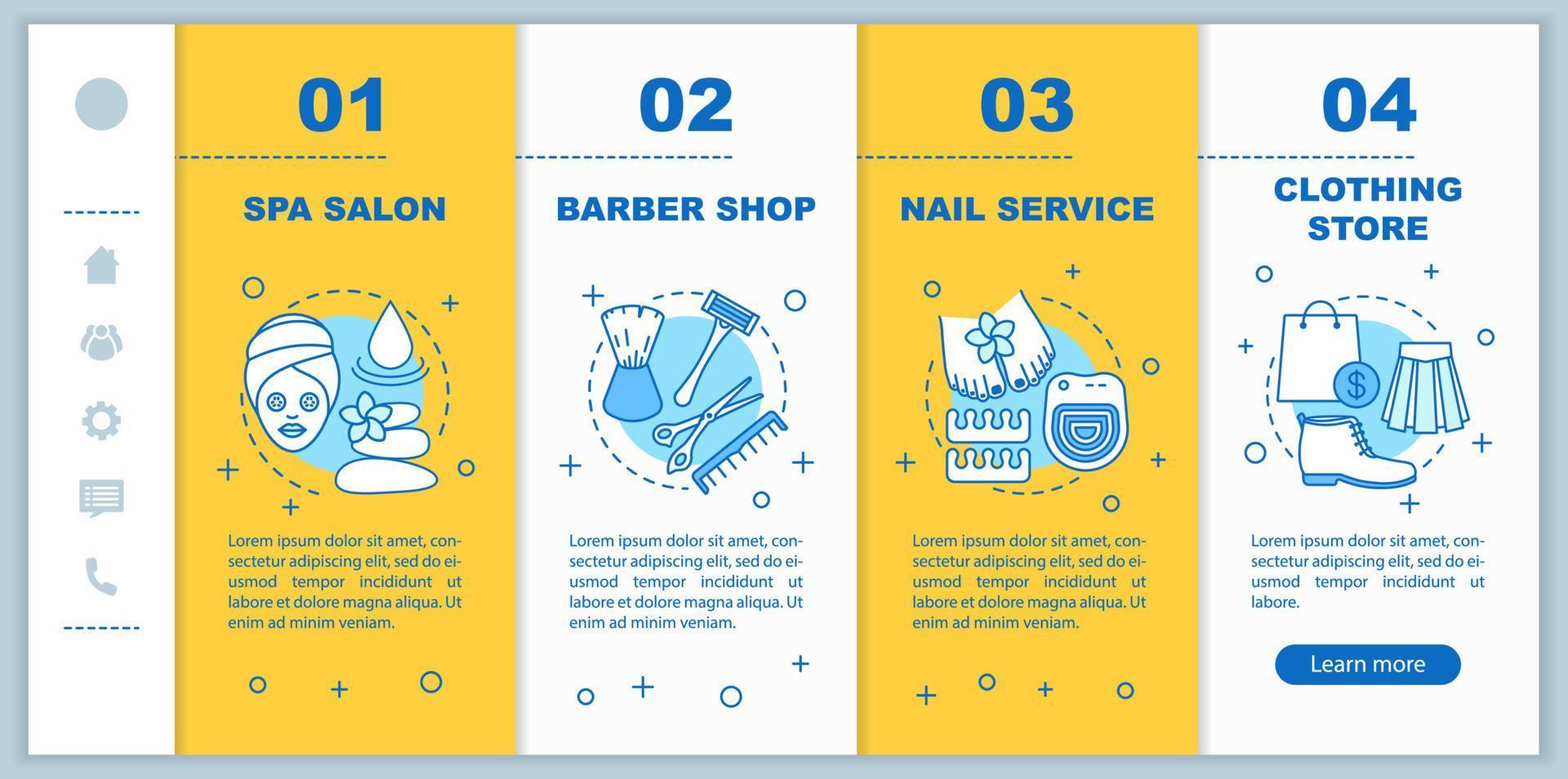 plantilla de vector de pantalla de página de aplicación móvil de incorporación de servicios de belleza. cuidado del cuerpo. salón de spa, barbería, pasos de manicura con ilustraciones lineales. ux, ui, concepto de interfaz de teléfono inteligente gui