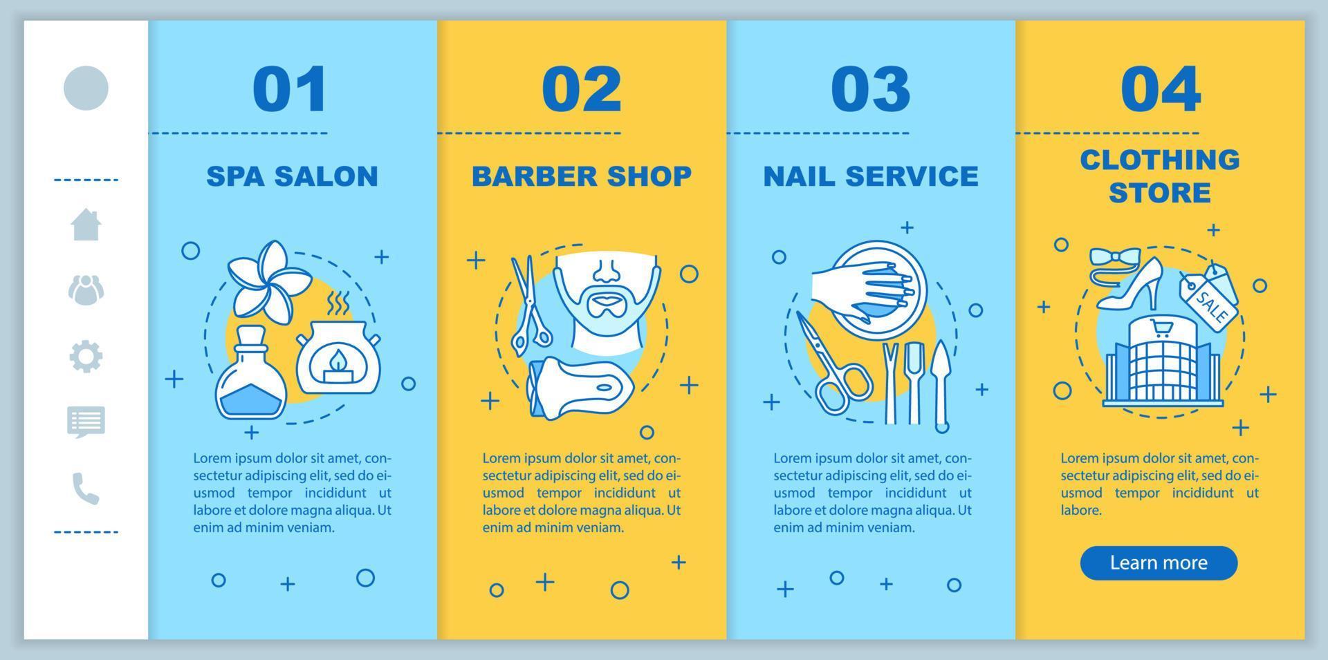 plantilla de vector de pantalla de página de aplicación móvil de incorporación de servicios de belleza. cuidado del cuerpo. tienda de ropa, barbería, pasos de recorrido de salón de spa con ilustraciones lineales. ux, concepto de interfaz de teléfono inteligente gui