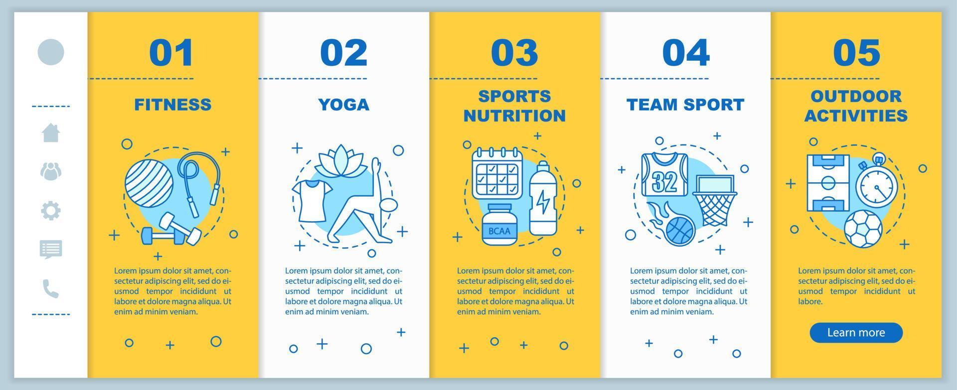 Sports activities onboarding mobile app page screen vector template. Outdoor activities, fitness, yoga, team sport walkthrough steps with linear illustrations. UX, UI, GUI smartphone interface concept