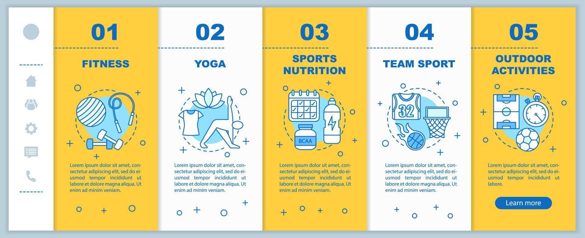 actividades deportivas incorporando plantilla de vector de pantalla de página de aplicación móvil. actividades al aire libre, fitness, yoga, pasos de recorrido de deportes de equipo con ilustraciones lineales. ux, ui, concepto de interfaz de teléfono inteligente gui