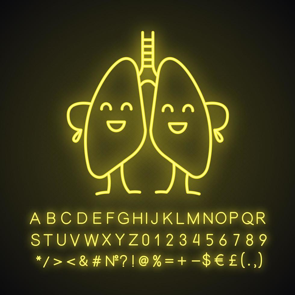 Happy human lungs character neon light icon. Respiratory health. Healthy pulmonary system. Glowing sign with alphabet, numbers and symbols. Vector isolated illustration