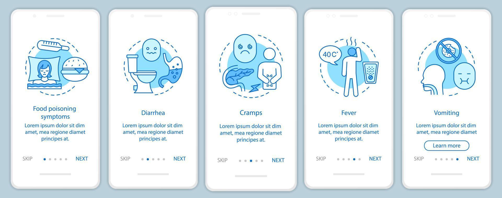 Food poisoning symptom onboarding mobile app page screen vector template. Foodborne illness. Diarrhea, cramps, fever, vomiting. Walkthrough website steps. UX, UI, GUI smartphone interface concept