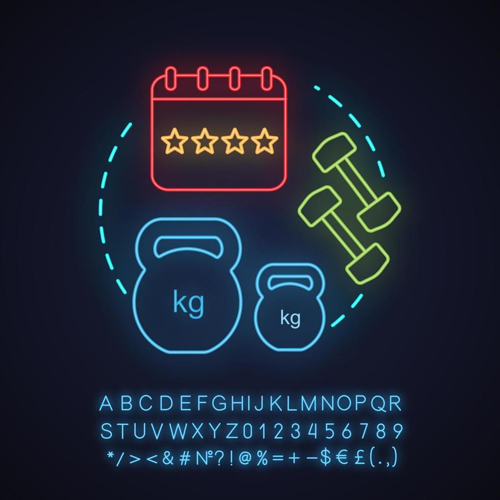 Gym subscription neon light concept icon. Fitness idea. Membership. Sports training schedule. Glowing sign with alphabet, numbers and symbols. Vector isolated illustration