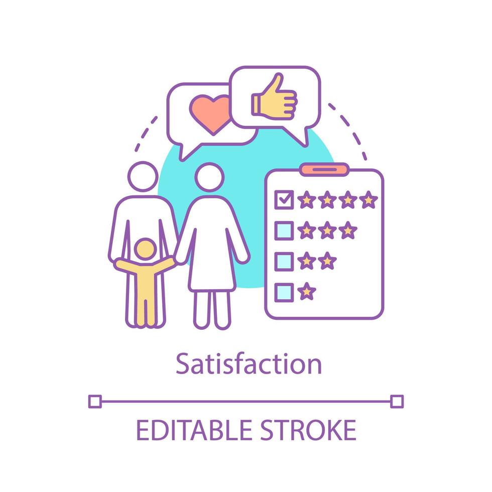 Satisfaction concept icon. Family idea thin line illustration. Goal achievement checklist. Parent, child. Mutual love. Relationship value assessment. Vector isolated outline drawing. Editable stroke