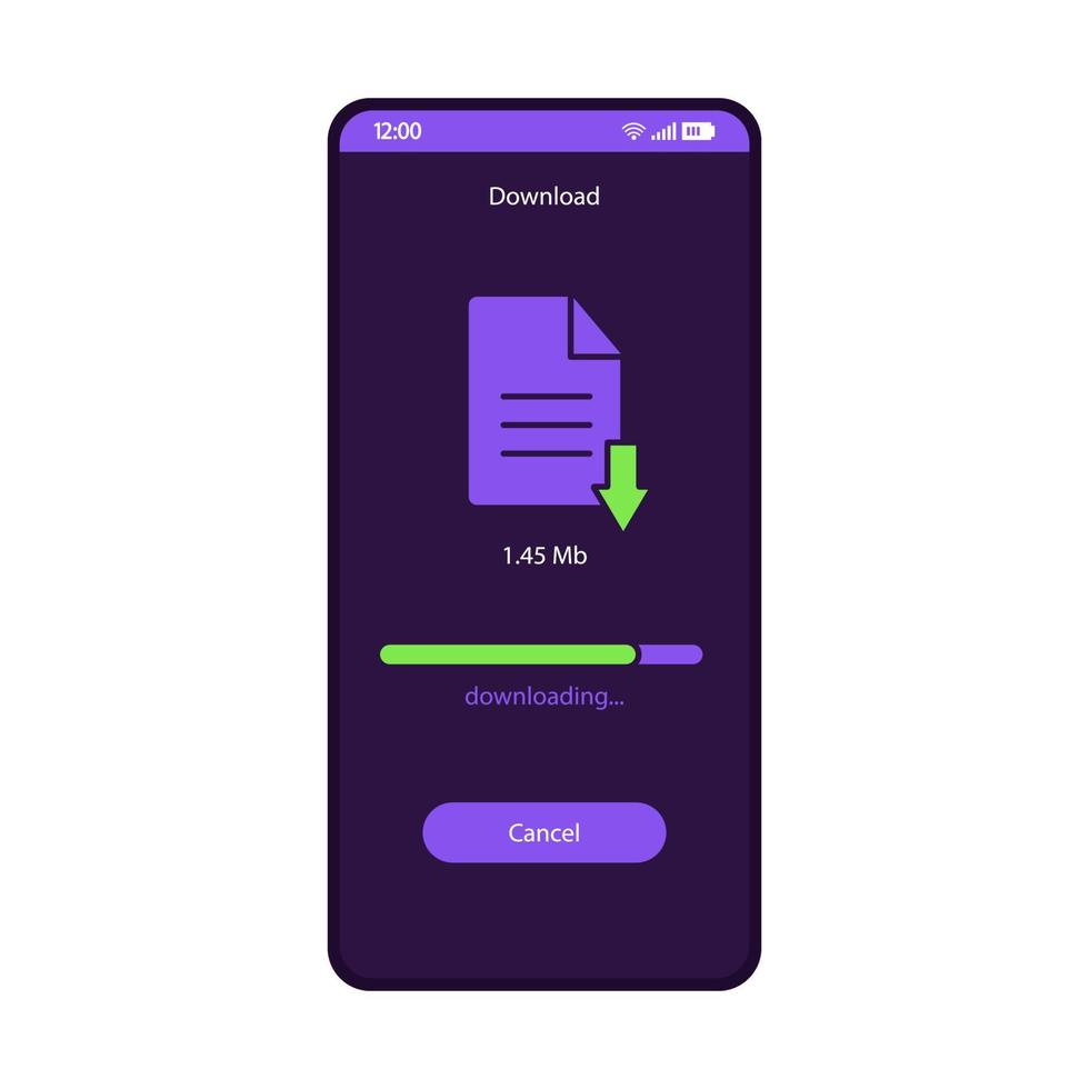 Download file manager smartphone interface vector template. Mobile storage app page purple design layout. Document downloading application. Cancel button on phone screen. Online data saver flat UI
