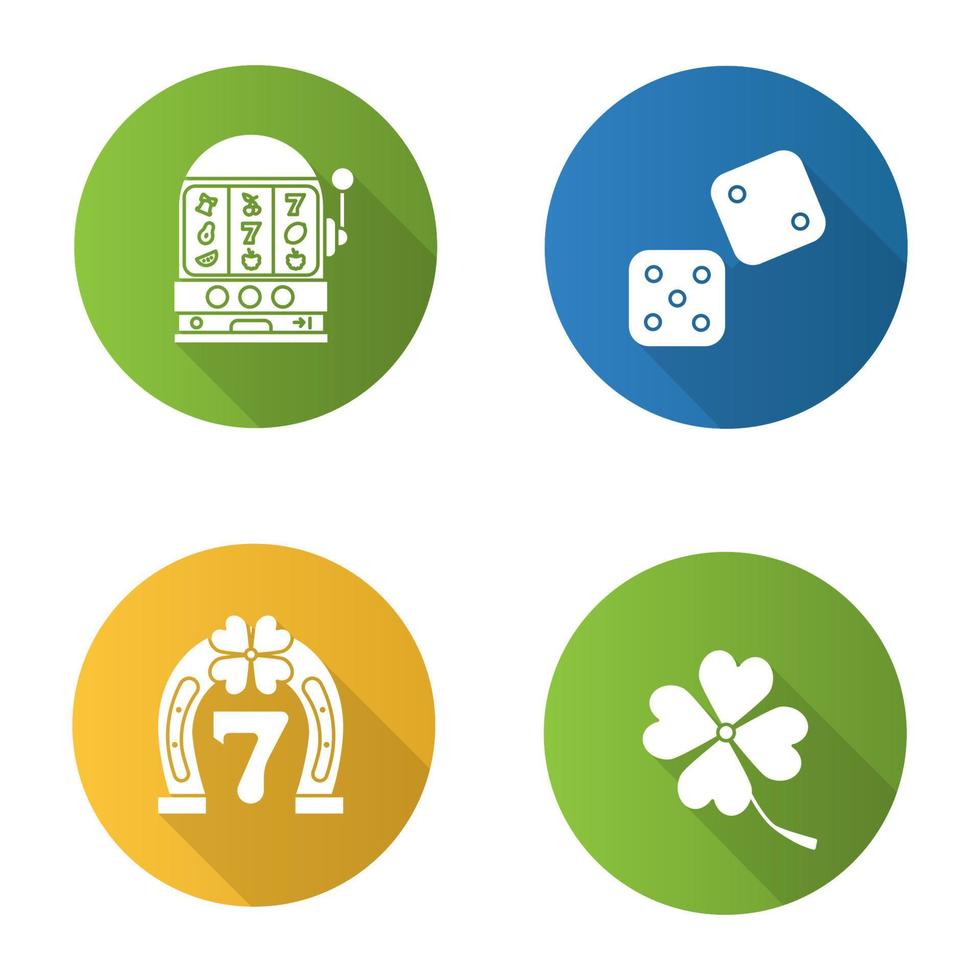 conjunto de iconos de glifo de sombra larga de diseño plano de casino. dados, juego Lucky Seven, trébol de cuatro hojas, máquina tragamonedas. ilustración de silueta vectorial vector