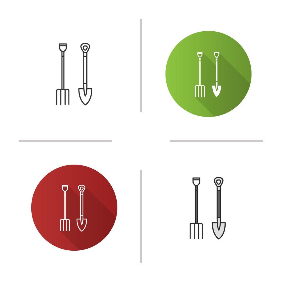 Pitchfork and shovel icon. Flat design, linear and color styles. Agricultural tools. Isolated vector illustrations