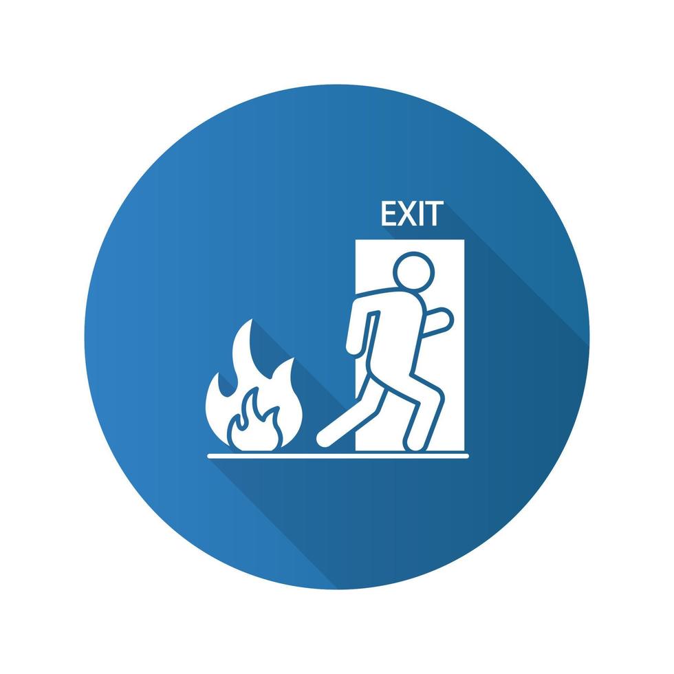 icono de glifo de sombra larga de diseño plano de emergencia contra incendios. puerta de salida con humano. Plan de evacuación. ilustración de silueta vectorial vector