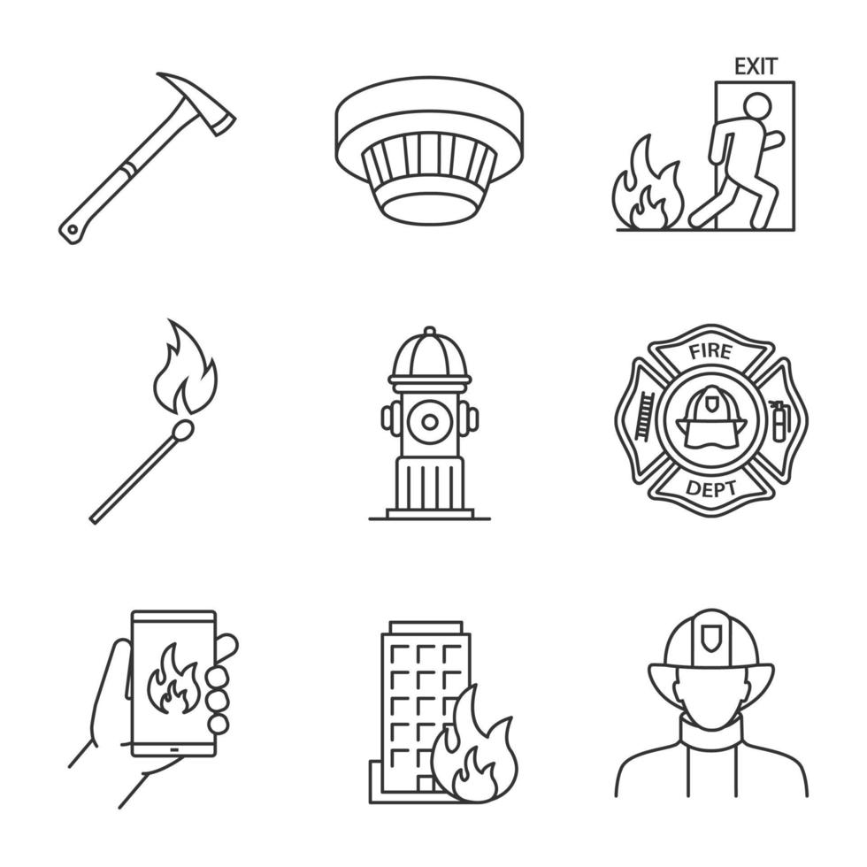 Firefighting linear icons set. Badge, matchstick, emergency call, smoke detector, evacuation, hydrant, axe, house on fire, firefighter. Thin line contour symbols. Isolated vector outline illustrations