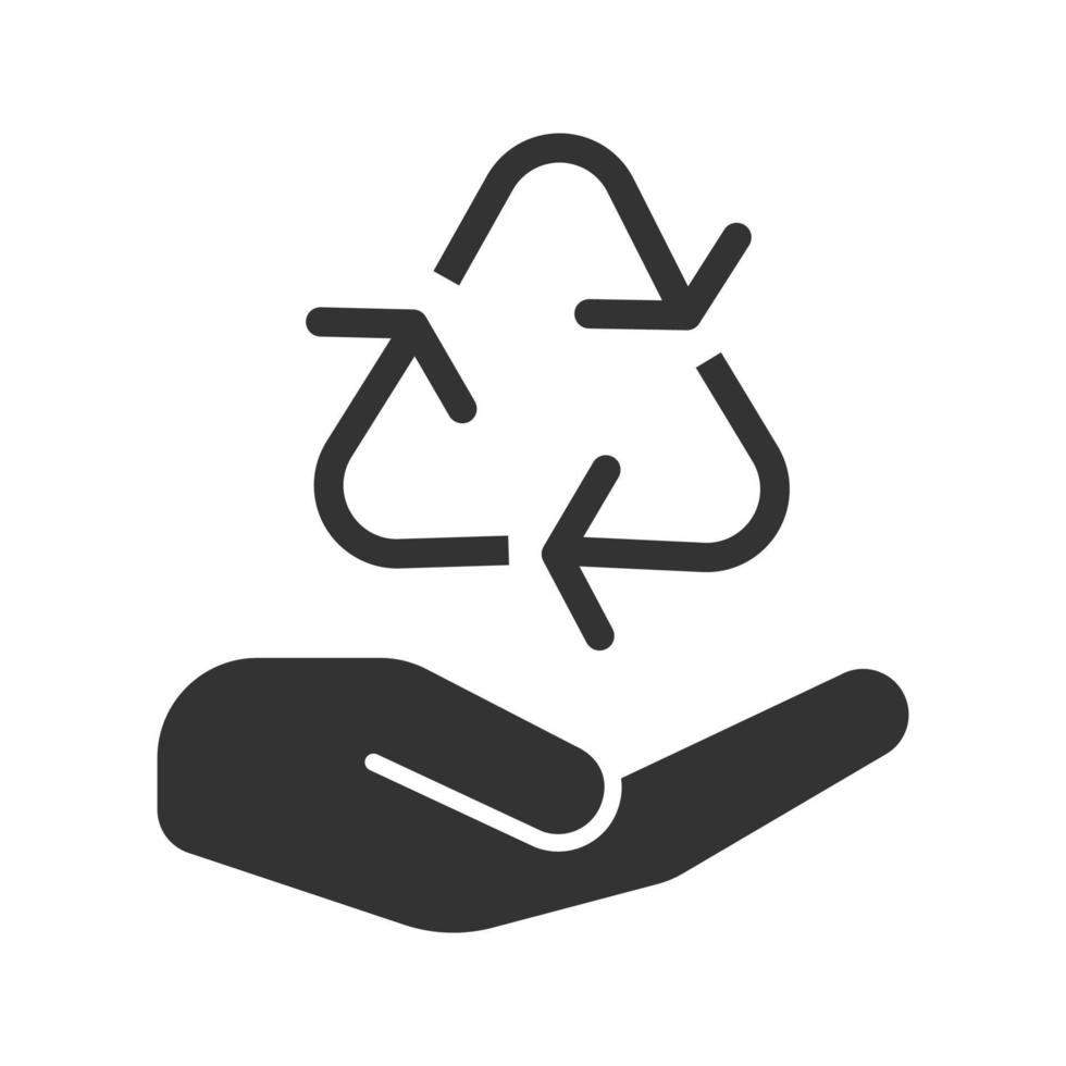 Open hand with recycling sign glyph icon. Pollution prevention. Silhouette symbol. Waste recycling. Negative space. Vector isolated illustration