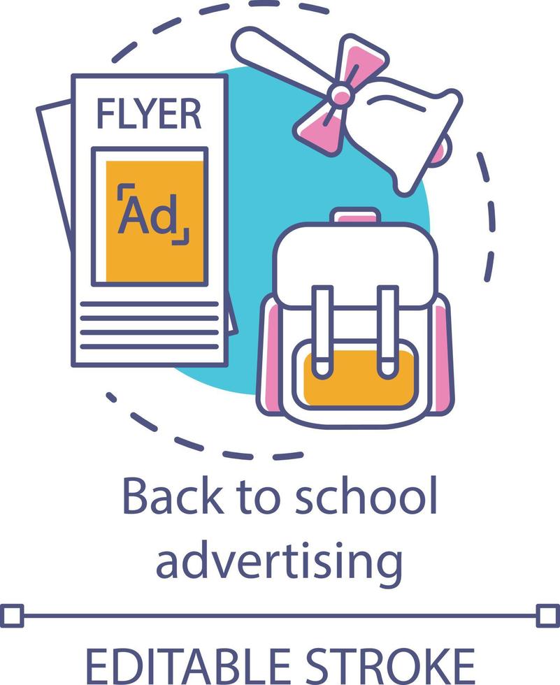 School advertising concept icon. Educational institution promotion idea thin line illustration. University, college selection. Flyer, bell and rucksack vector isolated outline drawing. Editable stroke