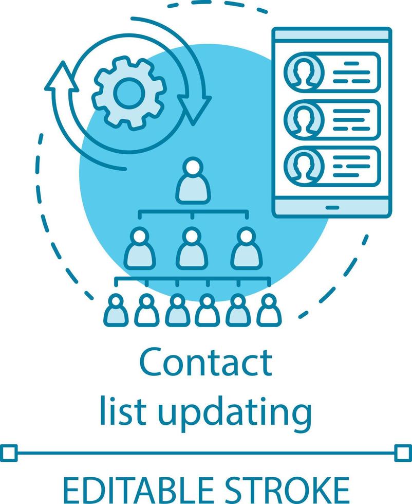 Contact list updating blue concept icon. Marketing automation idea thin line illustration. Mobile device. Renew address book. Contacts screen. Vector isolated outline drawing. Editable stroke