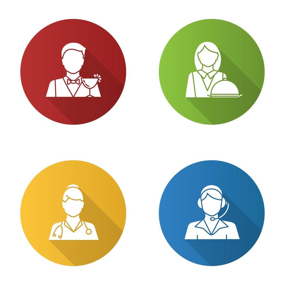 Professions flat design long shadow glyph icon. Occupations. Doctor, call center operator, barman, waitress. Vector silhouette illustration