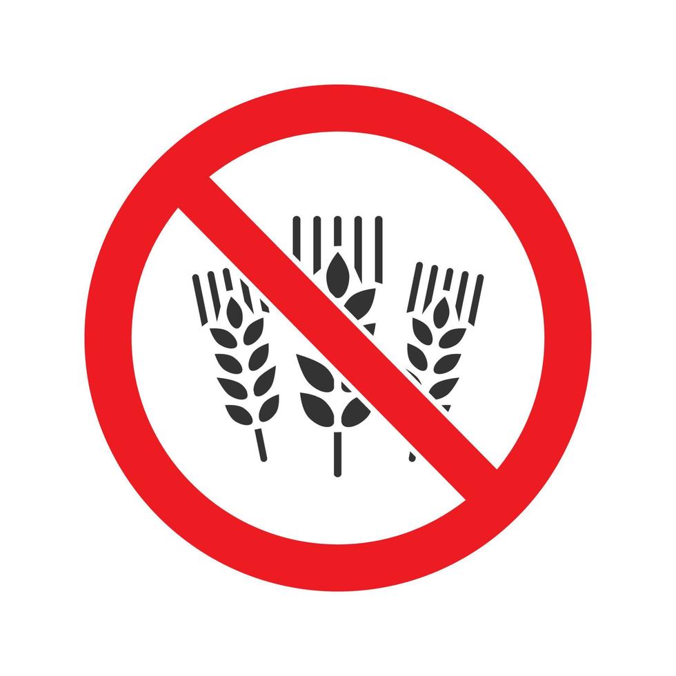 signo prohibido con icono de glifo de orejas de trigo. detener el símbolo de la silueta. sin gluten. espacio negativo. ilustración vectorial aislada vector