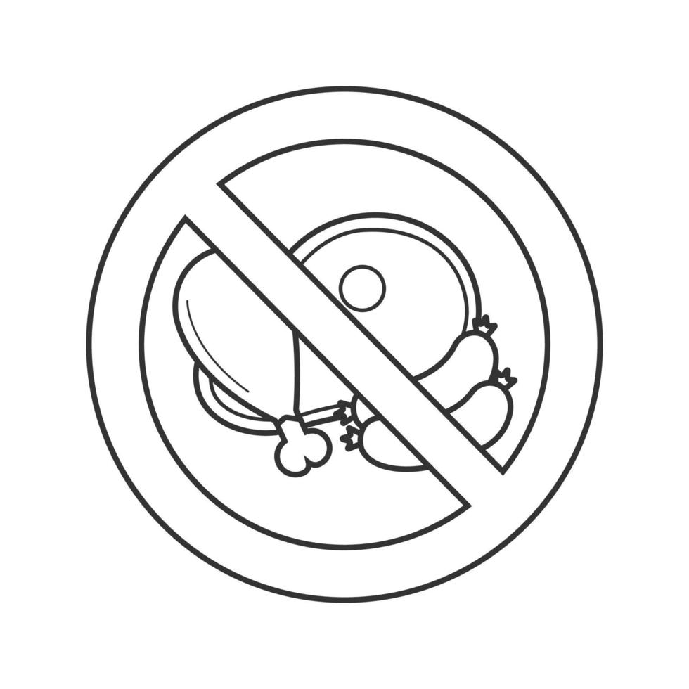 Forbidden sign with meat products linear icon. Thin line illustration. Sausage, ham, chicken leg in prohibition circle. Stop contour symbol. Vector isolated outline drawing