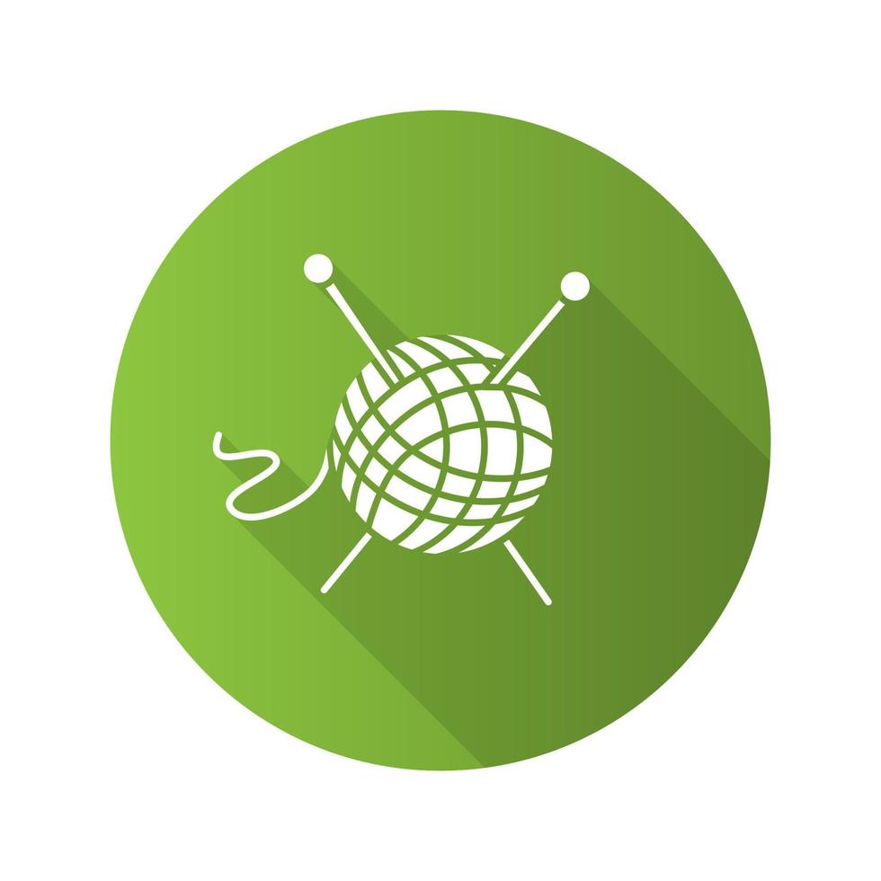 Wool clew with knitting needles flat design long shadow glyph icon. Yarn ball. Vector silhouette illustration