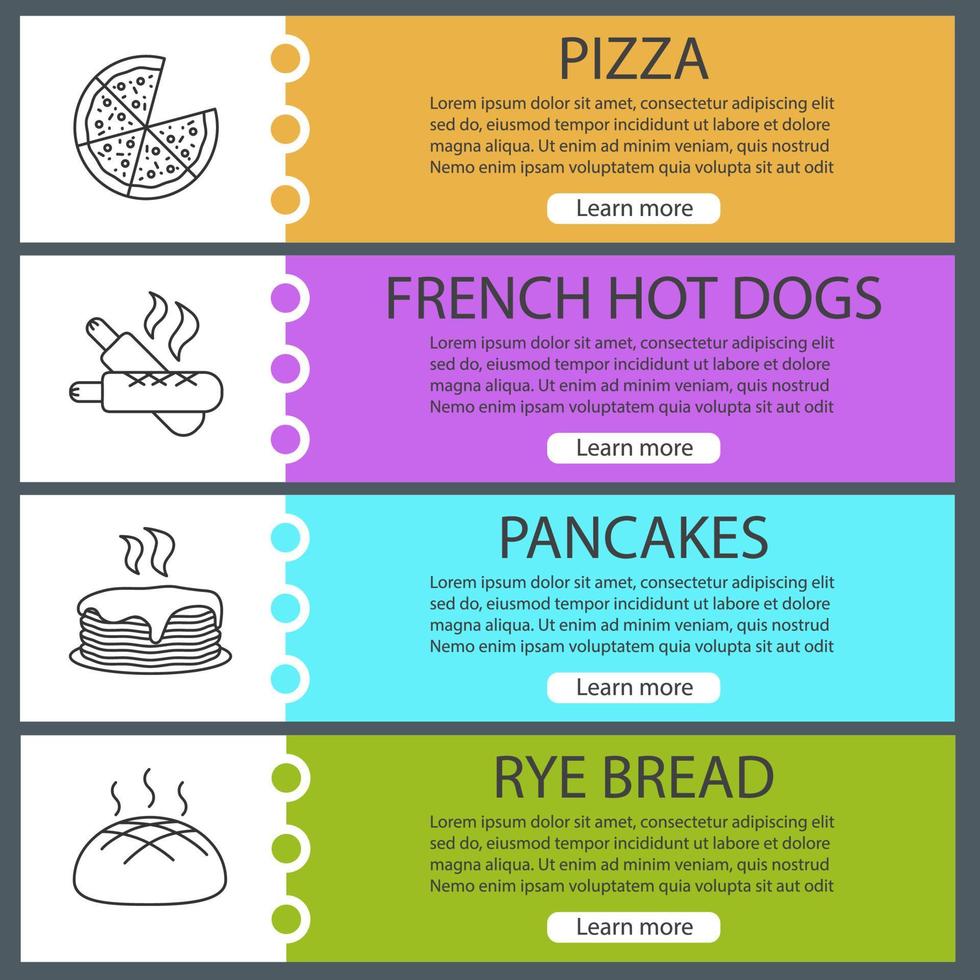 Bakery web banner templates set. Pizza, french hot dogs, pancakes stack, rye bread. Website color menu items with linear icons. Vector headers design concepts