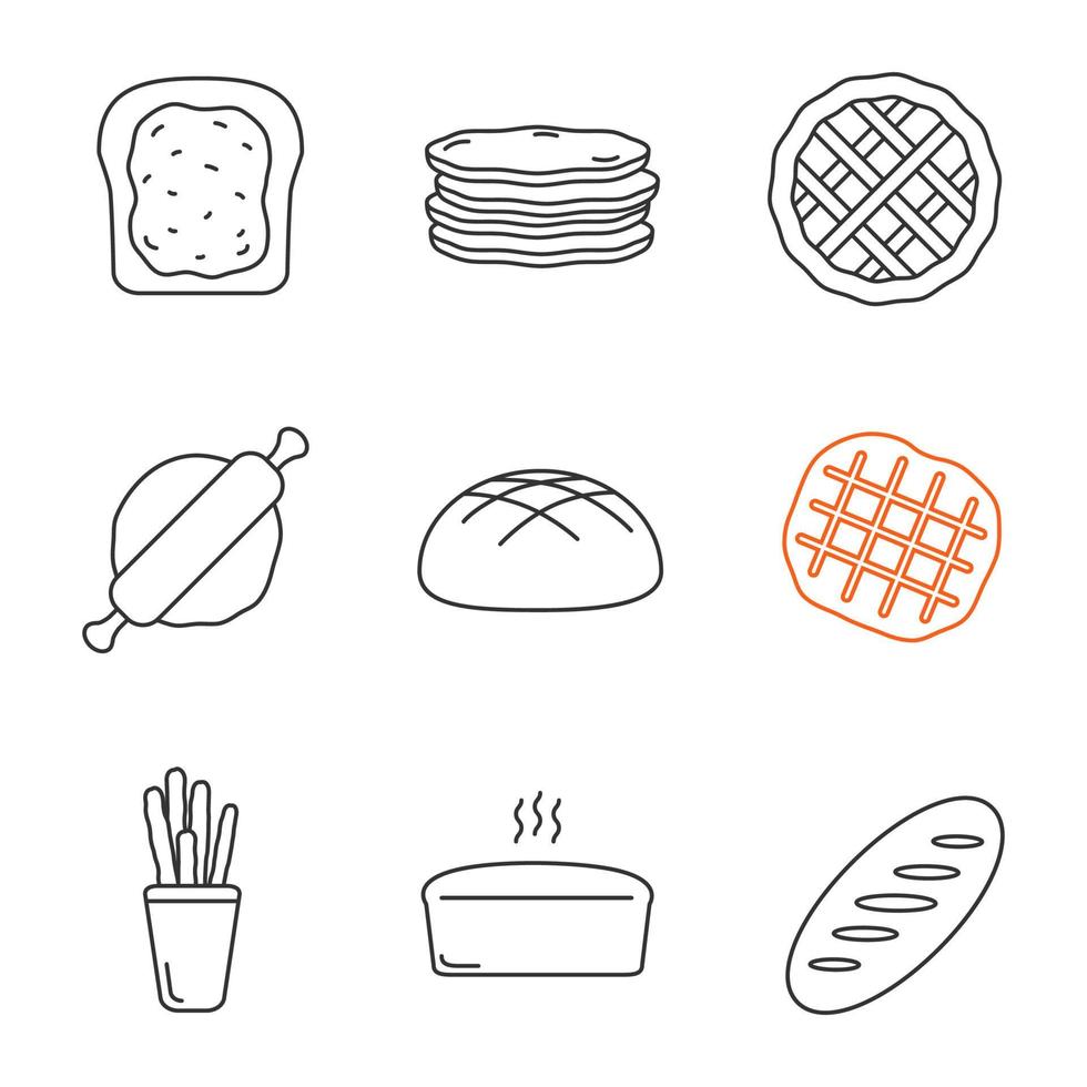 Bakery linear icons set. Toast, pancakes, pie, rolling pin, rye bread, belgian waffle, grissini, brick loaf. Thin line contour symbols. Isolated vector outline illustrations