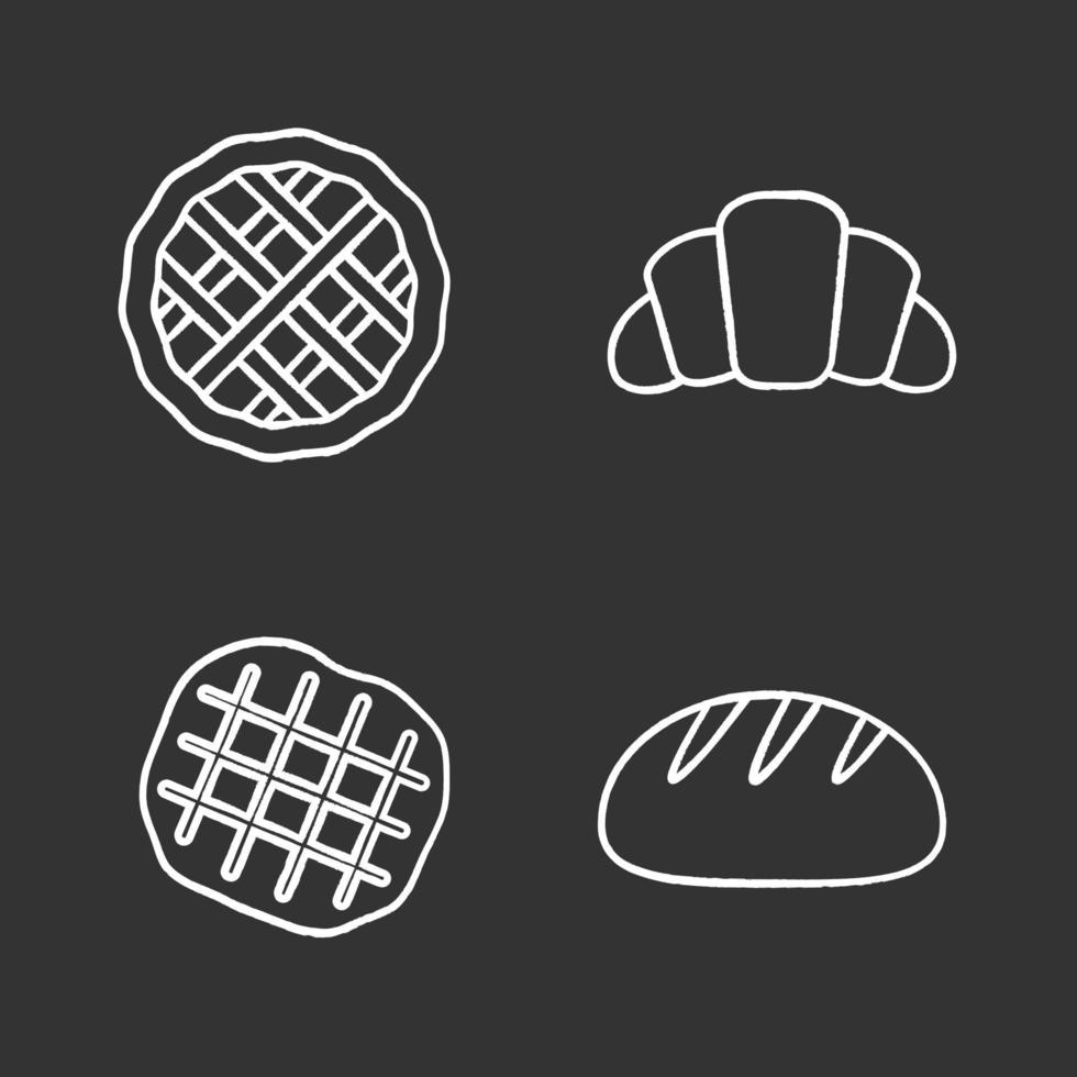 Bakery chalk icons set. Pie, croissant, belgian waffle, round bread. Isolated vector chalkboard illustrations