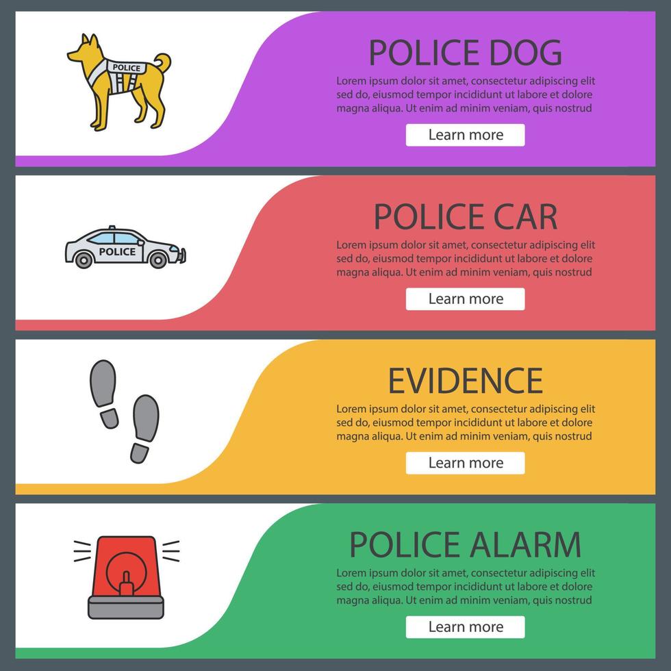 Police web banner templates set. Military dog, car, footprints, alarm. Website color menu items. Vector headers design concepts