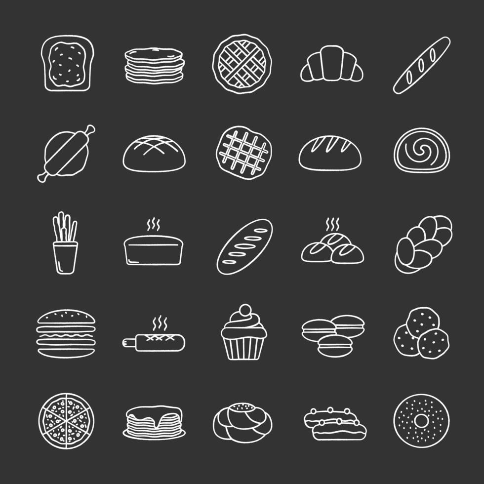 Bakery chalk icons set. Pastry. Confectionery. Bread, buns, cookies, macaron, pancakes. Isolated vector chalkboard illustrations