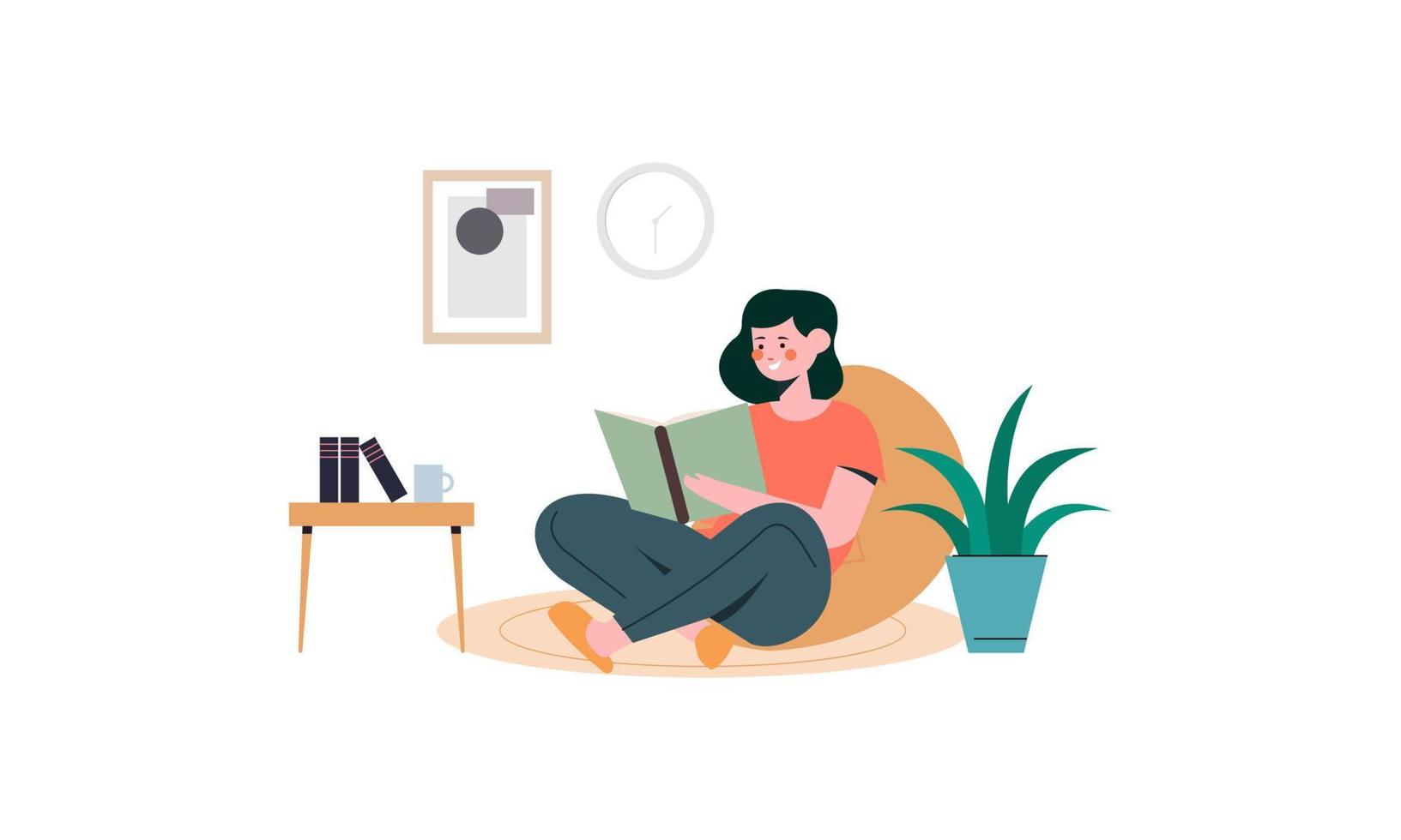 mujer leyendo libro concepto ilustración vector