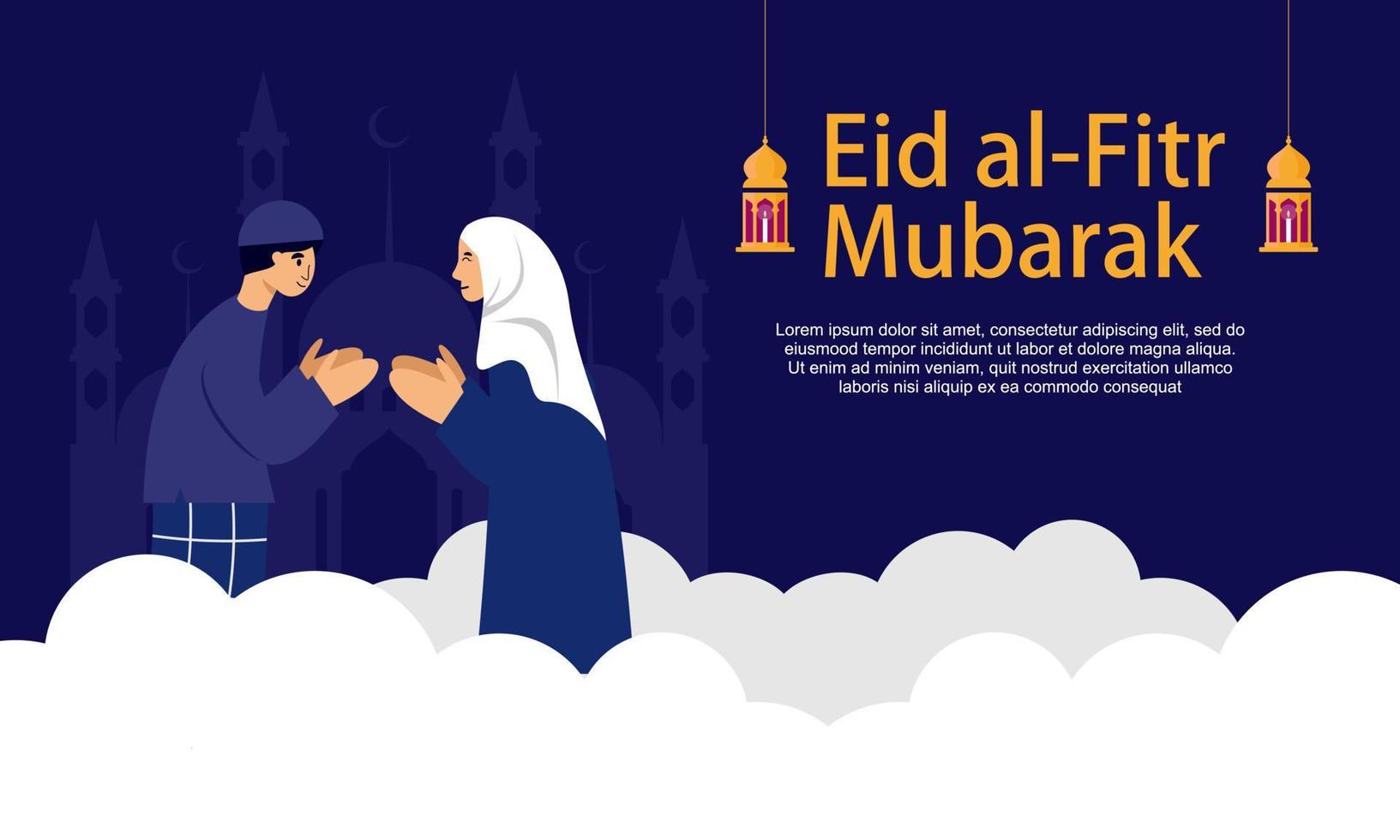 feliz eid mubarak, concepto de saludo de ramadan mubarak con ilustración de personajes de personas vector