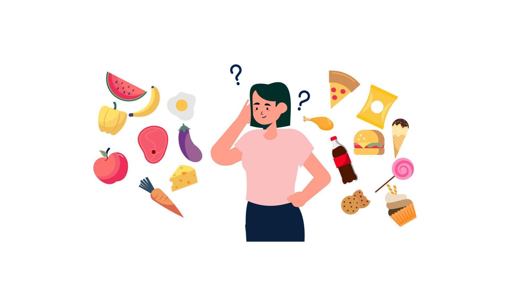 mujer eligiendo entre ilustración de concepto de alimentos saludables y no saludables vector