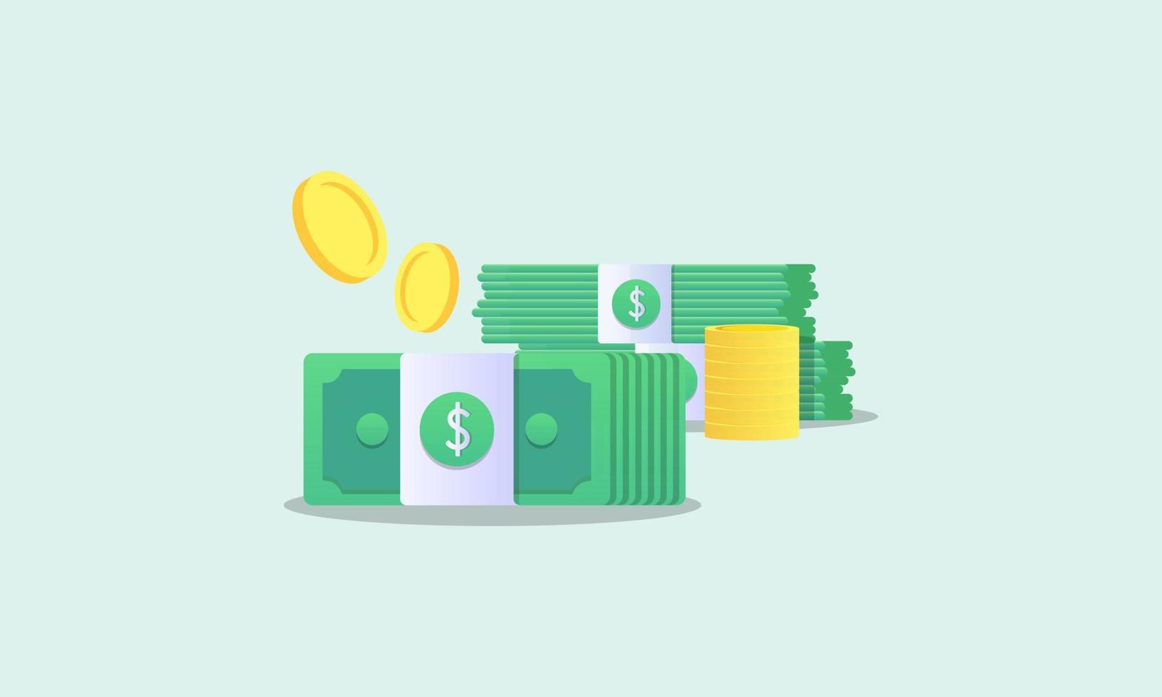 Money concept. money bag, coins stack and banknotes logo vector