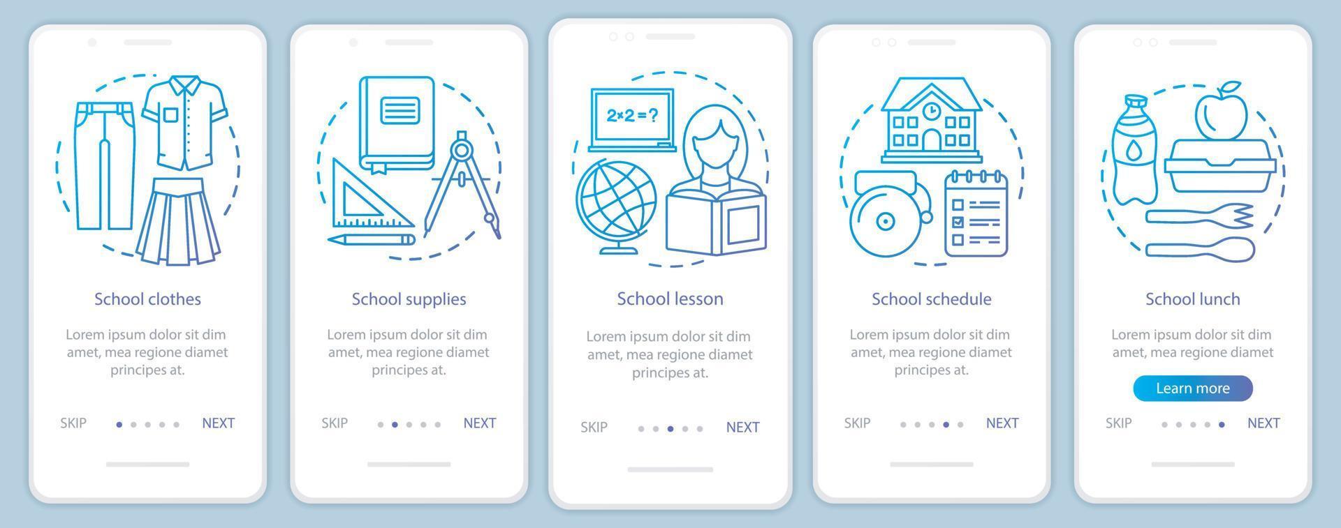 plantilla de vector de pantalla de página de aplicación móvil de incorporación de educación. adquisición de conocimientos, pasos del sitio web del tutorial de aprendizaje escolar con ilustraciones lineales. ux, ui, concepto de interfaz de teléfono inteligente gui